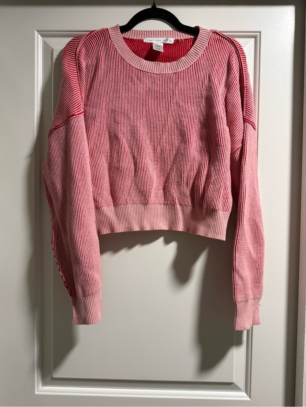 Altar'd State Pink Ribbed Cropped Crewneck Sweater